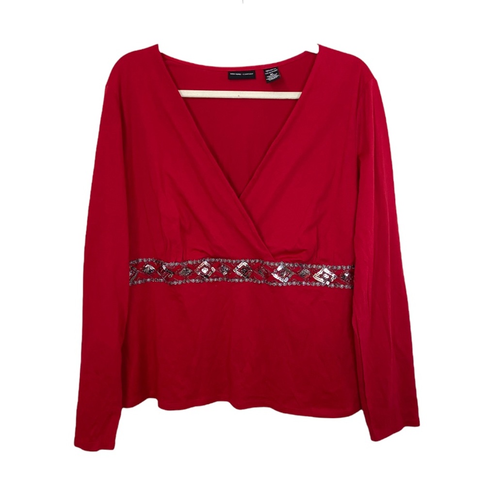 NY & Company Women's Size XL Red Surplice Blouse Top Sequins Detail -- PRETTY!